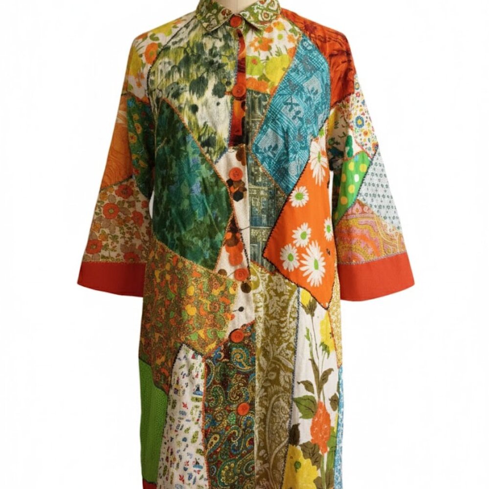 Handmade Bohemian Patchwork Coat Vintage, Long Sleeve, Button Front